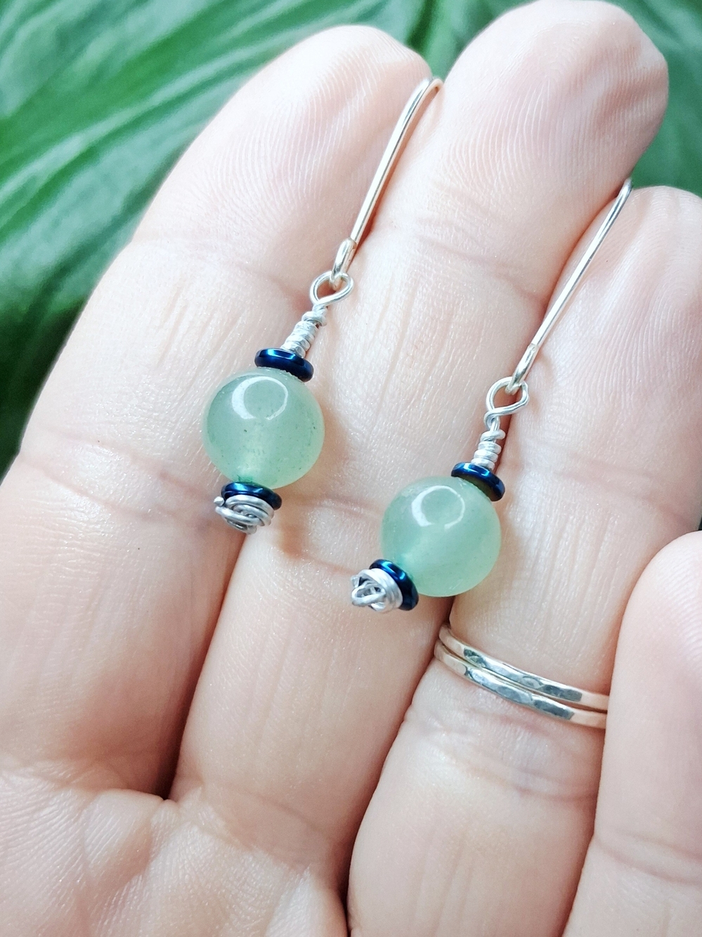 Dainty Green Aventurine Bead Drop Earrings with Silver Hooks - Picture 3 of 3